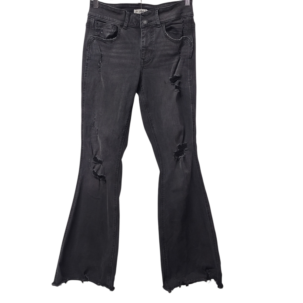 M Jeans By Maurices Women's Black Flare Leg Jeans Distressed Stretch Sz 6